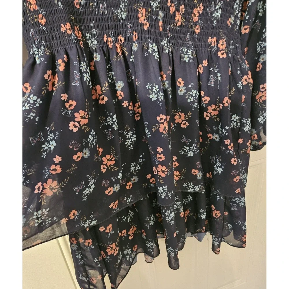 J Glee XL Floral Dress Navy Blue Smocked Waist Tiered‎ Long Sleeve Mini Dress